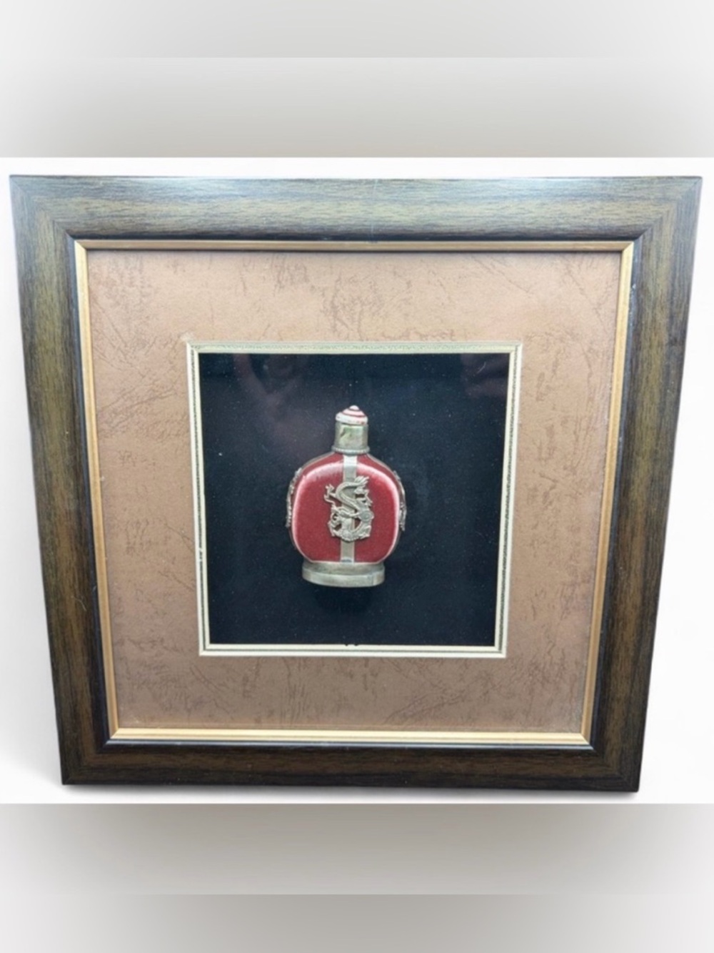 Vintage Red Glazed Signed Asian Ceramic Dragon Snuff Bottle, Shadowbox Framed